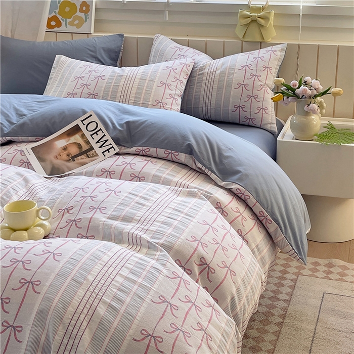 91家纺网 家纺一手货源 找家纺 琪格格纺织 2025新款全棉纯棉色织提花小清新四件套 伊芙琳-兰