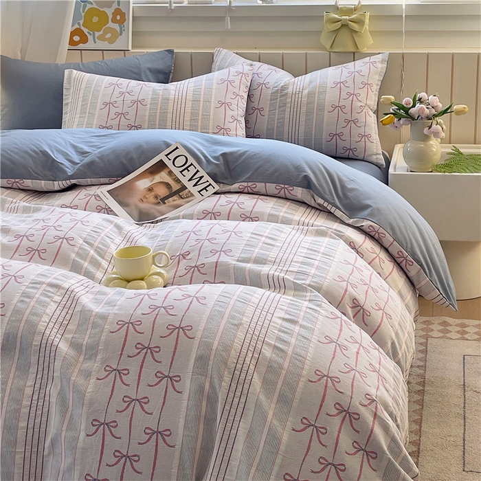 91家纺网 家纺一手货源 找家纺 琪格格纺织 2025新款全棉纯棉色织提花小清新四件套 伊芙琳-兰