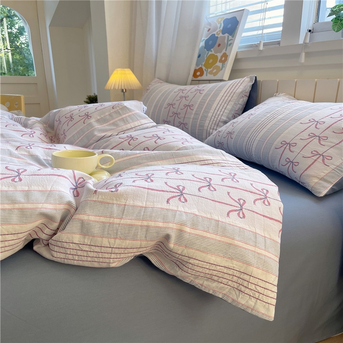 91家纺网 家纺一手货源 找家纺 琪格格纺织 2025新款全棉纯棉色织提花小清新四件套 伊芙琳-兰