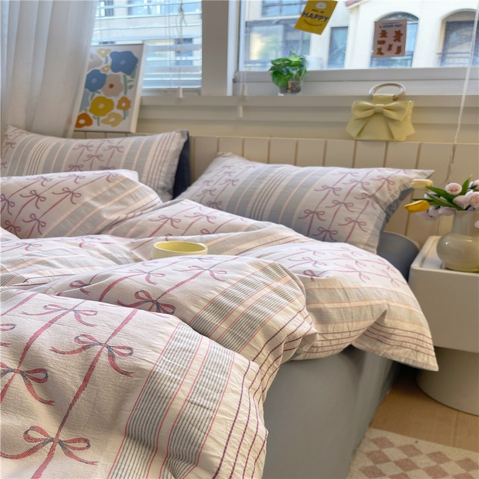 91家纺网 家纺一手货源 找家纺 琪格格纺织 2025新款全棉纯棉色织提花小清新四件套 伊芙琳-兰