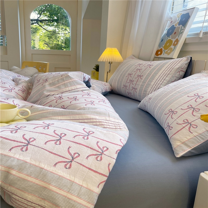 91家纺网 家纺一手货源 找家纺 琪格格纺织 2025新款全棉纯棉色织提花小清新四件套 伊芙琳-兰