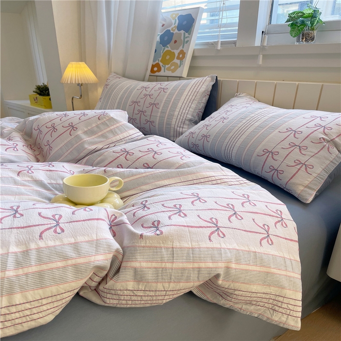 91家纺网 家纺一手货源 找家纺 琪格格纺织 2025新款全棉纯棉色织提花小清新四件套 伊芙琳-兰