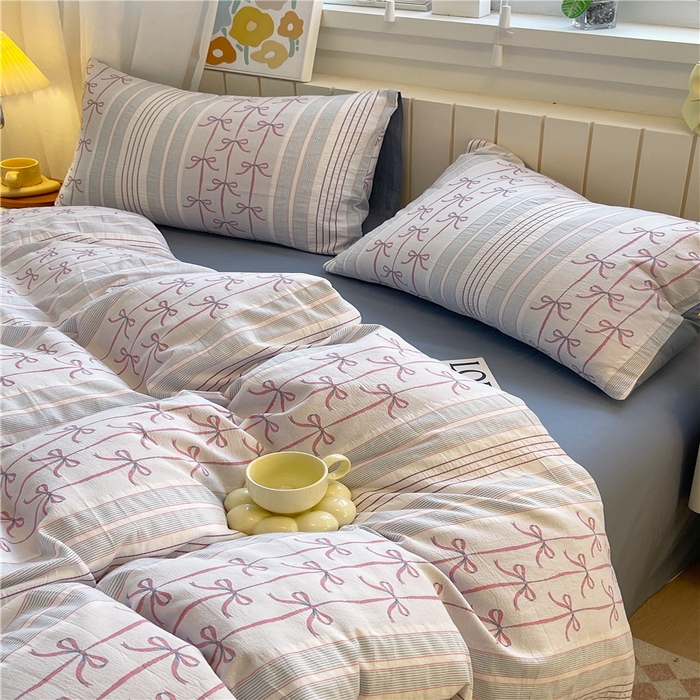 91家纺网 家纺一手货源 找家纺 琪格格纺织 2025新款全棉纯棉色织提花小清新四件套 伊芙琳-兰