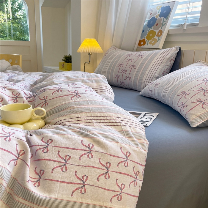 91家纺网 家纺一手货源 找家纺 琪格格纺织 2025新款全棉纯棉色织提花小清新四件套 伊芙琳-兰