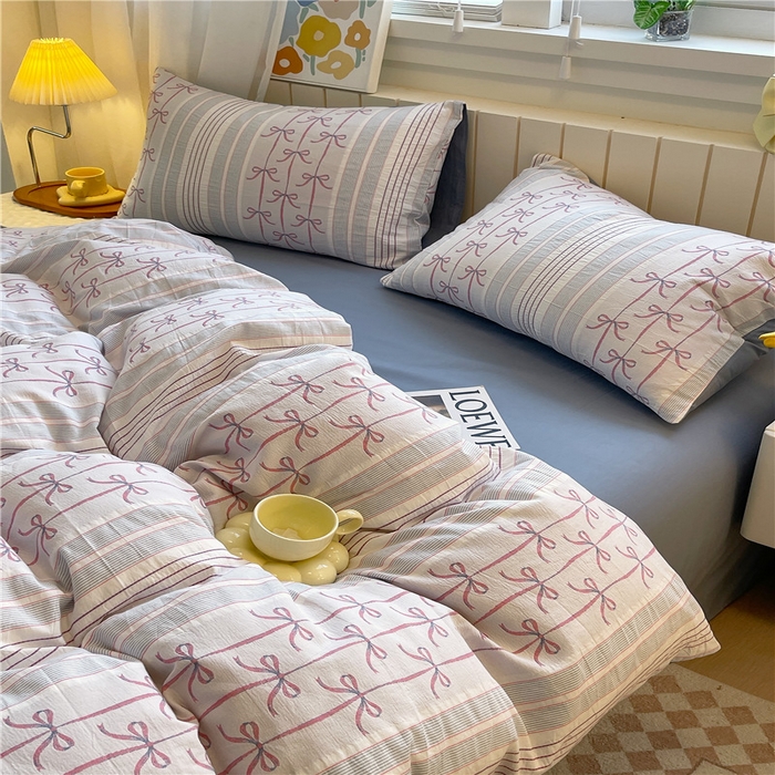 91家纺网 家纺一手货源 找家纺 琪格格纺织 2025新款全棉纯棉色织提花小清新四件套 伊芙琳-兰