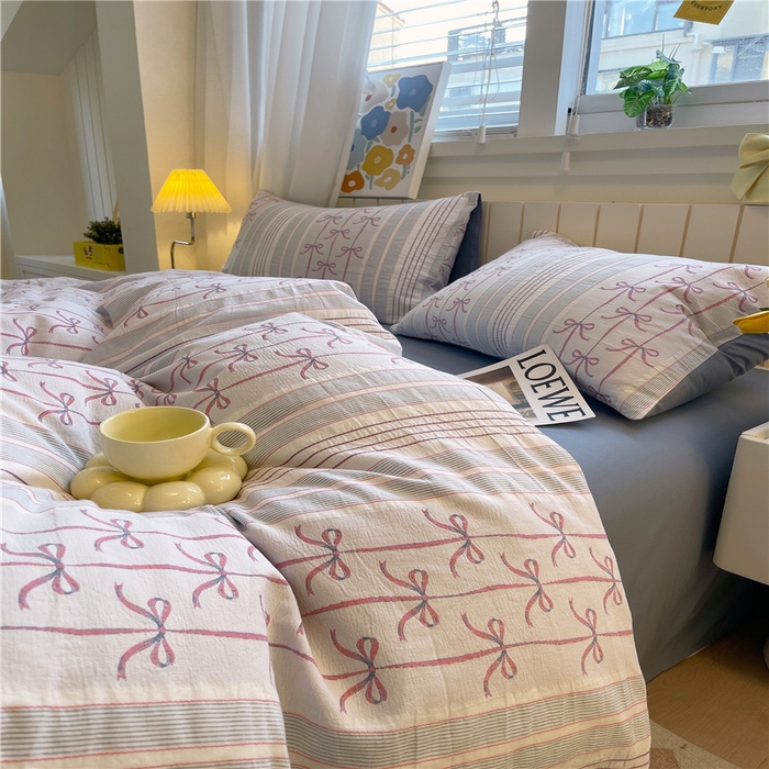 91家纺网 家纺一手货源 找家纺 琪格格纺织 2025新款全棉纯棉色织提花小清新四件套 伊芙琳-兰