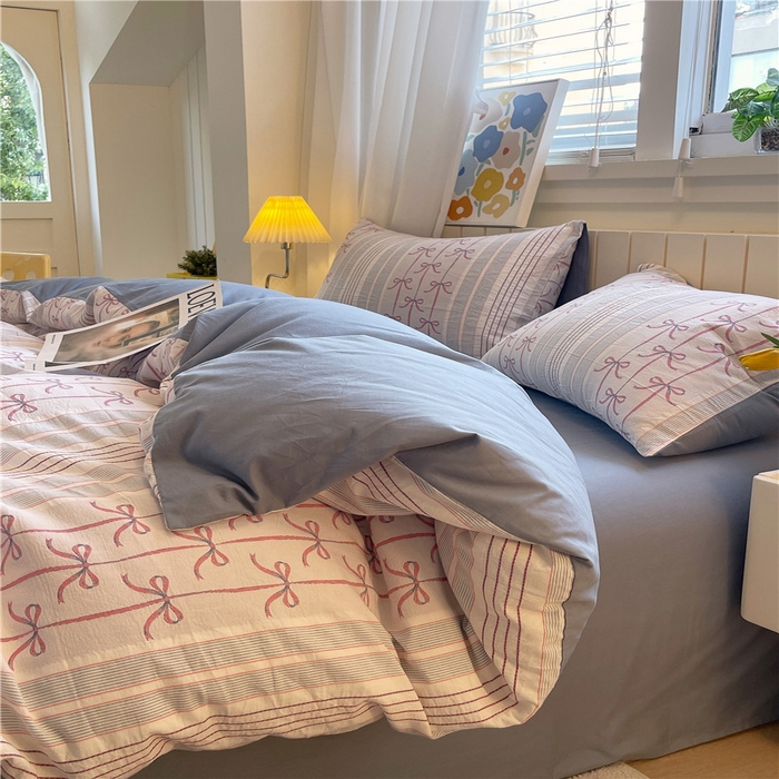 91家纺网 家纺一手货源 找家纺 琪格格纺织 2025新款全棉纯棉色织提花小清新四件套 伊芙琳-兰