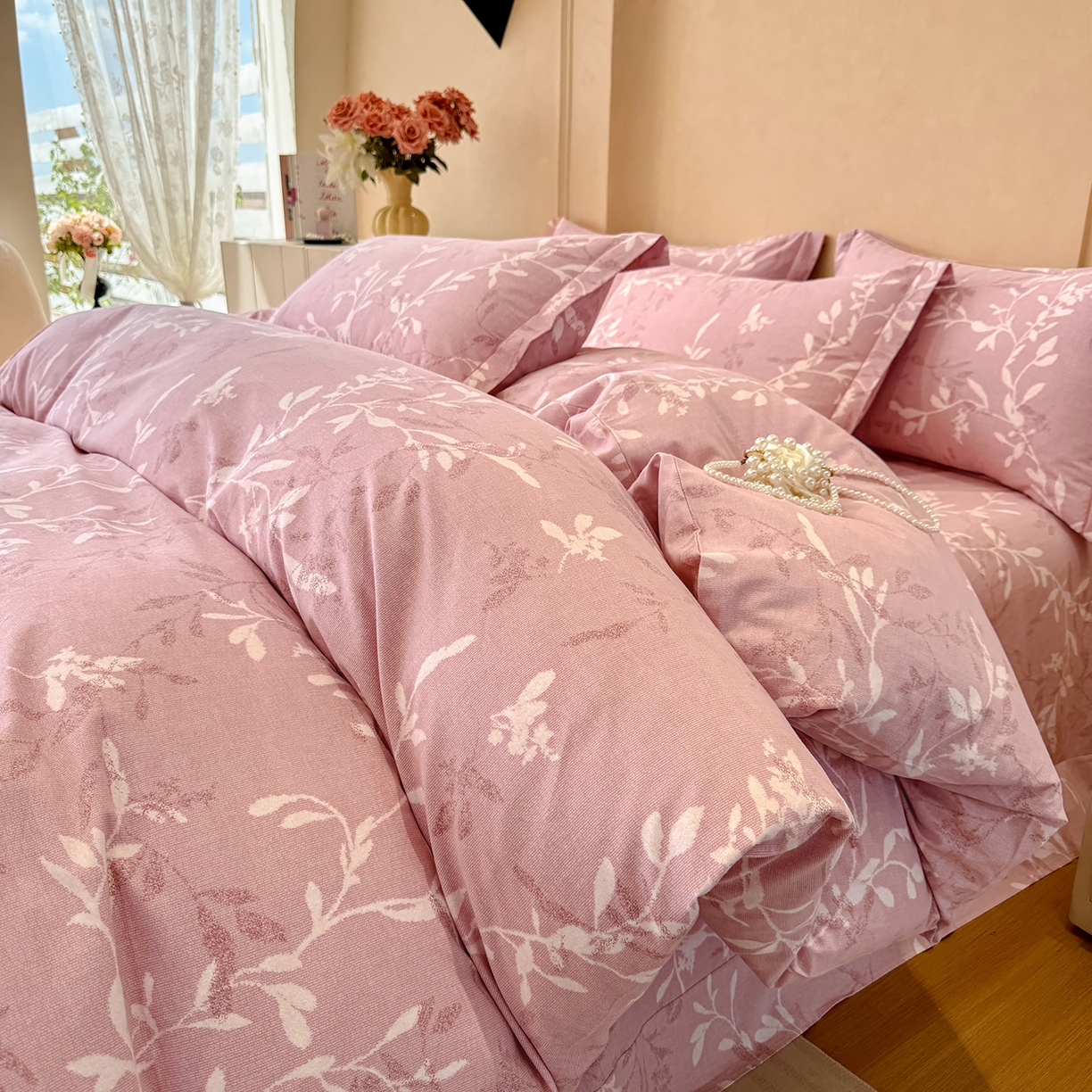 壹贝家纺 2025新款A类100%全棉加厚磨毛四件套系列 春和景明-粉