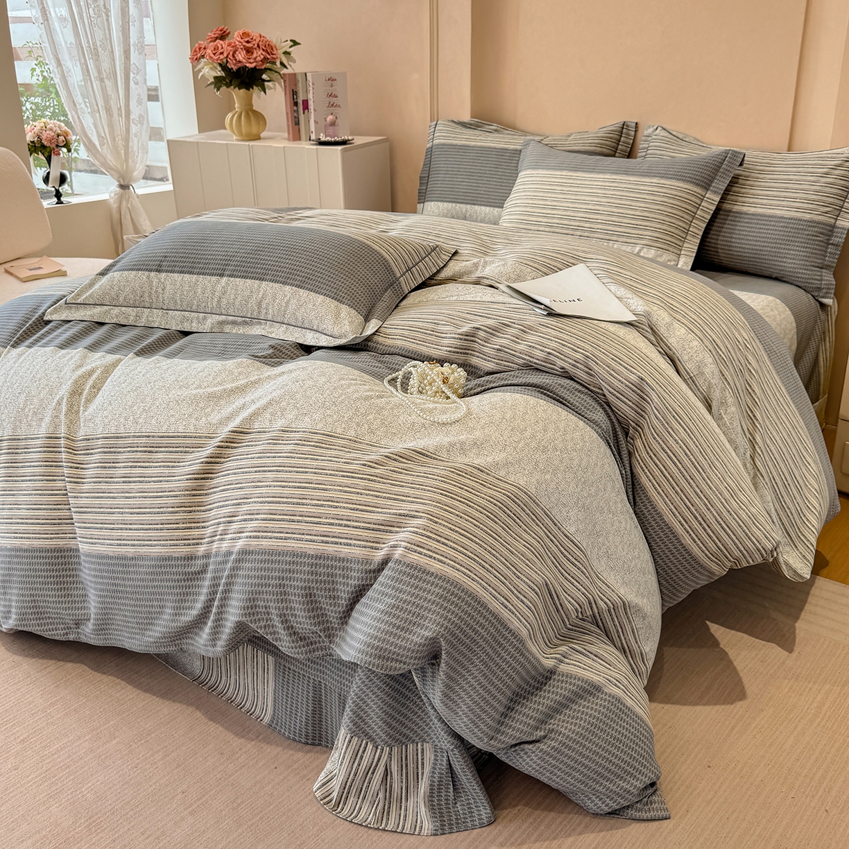 91家纺网 家纺一手货源 找家纺 壹贝家纺 2025新款A类100%全棉加厚磨毛四件套系列 亚马-灰