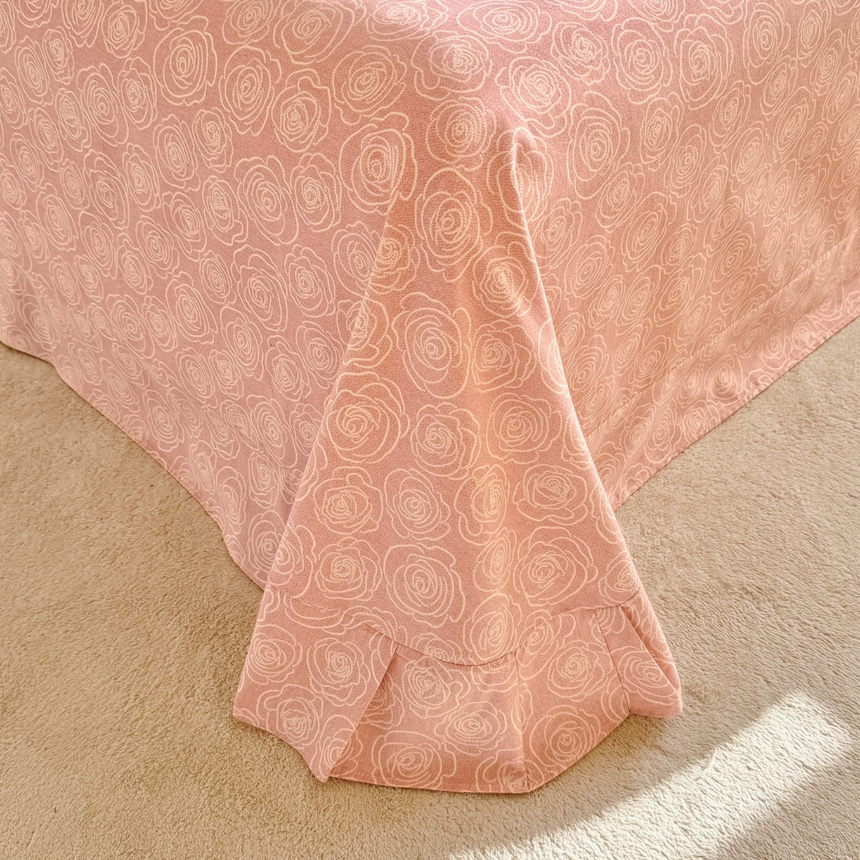 91家纺网 家纺一手货源 找家纺 壹贝家纺 2025新款A类100%全棉加厚磨毛四件套系列 玫瑰情缘-粉