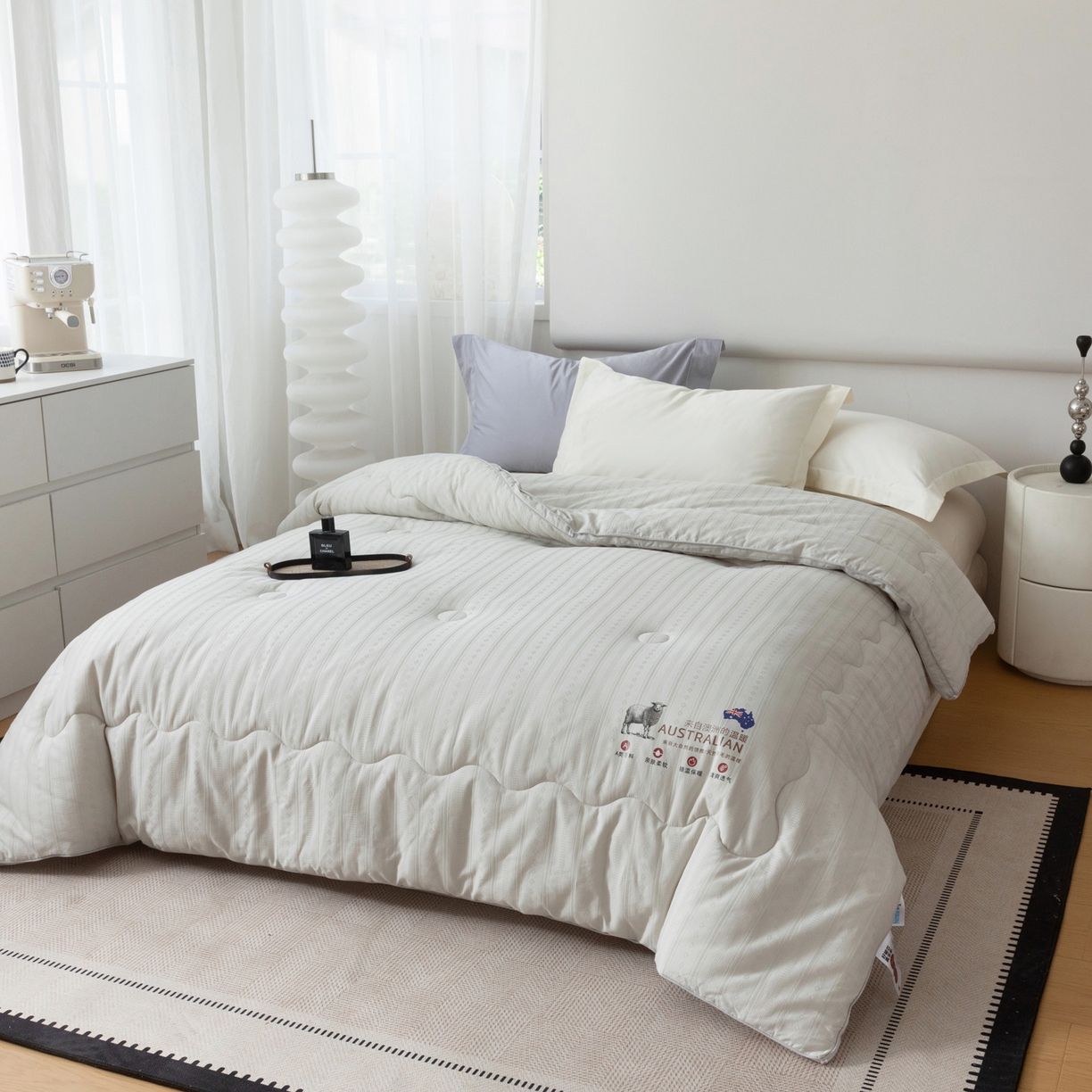 91家纺网 家纺一手货源 找家纺 紫乐家纺 2025新款5%澳毛全棉浮雕提花羊毛被被子被芯春秋被加厚保暖冬被 灰色