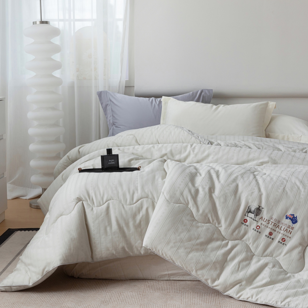 91家纺网 家纺一手货源 找家纺 紫乐家纺 2025新款5%澳毛全棉浮雕提花羊毛被被子被芯春秋被加厚保暖冬被 灰色