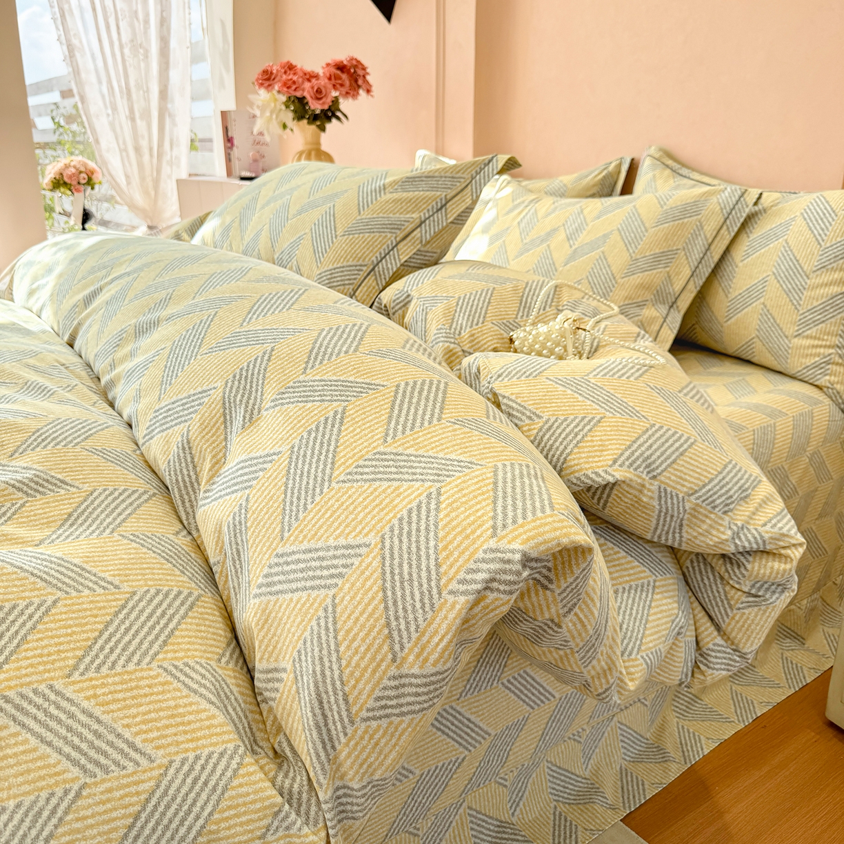 壹贝家纺 2025新款A类100%全棉加厚磨毛四件套系列 施华-灰