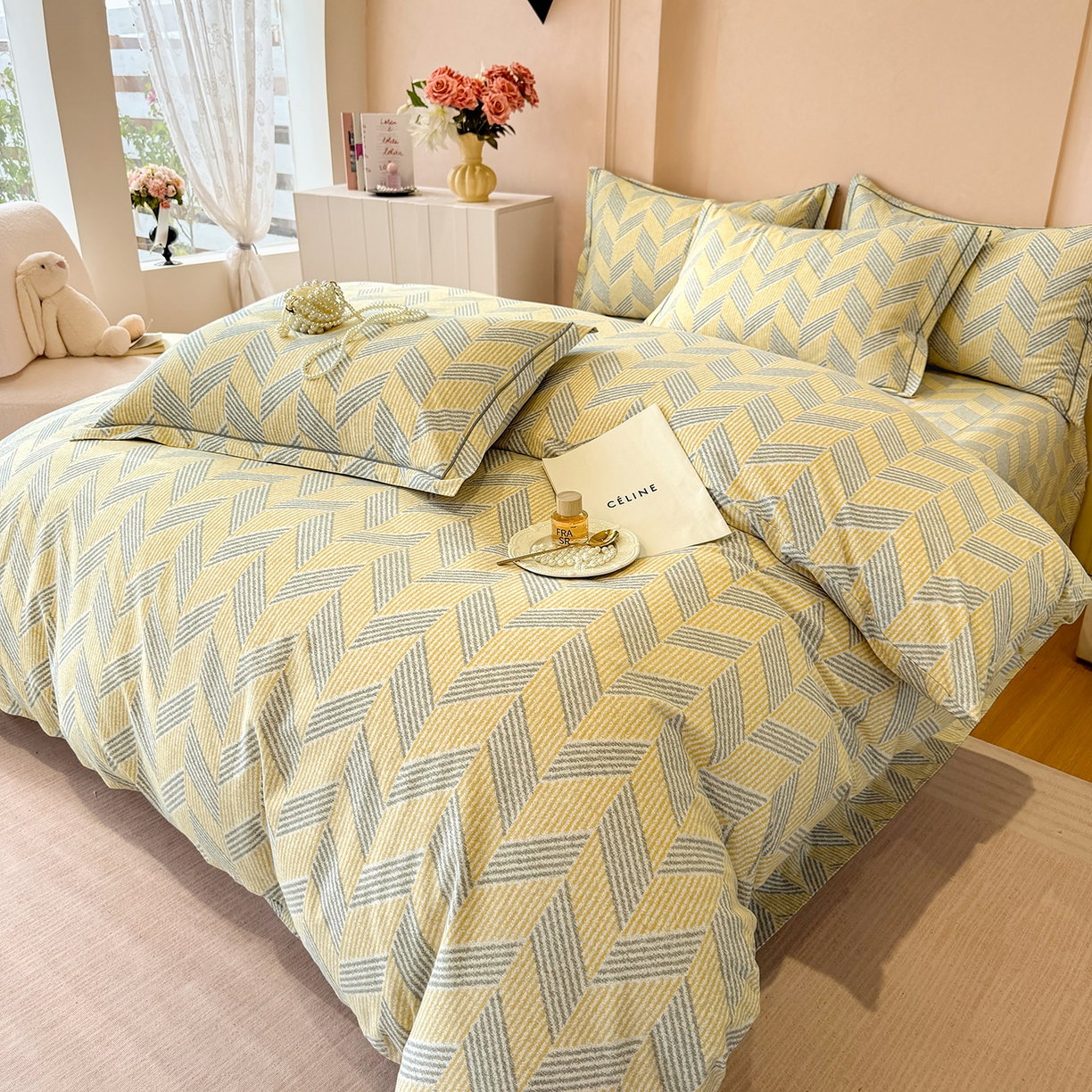 91家纺网 家纺一手货源 找家纺 壹贝家纺 2025新款A类100%全棉加厚磨毛四件套系列 施华-灰