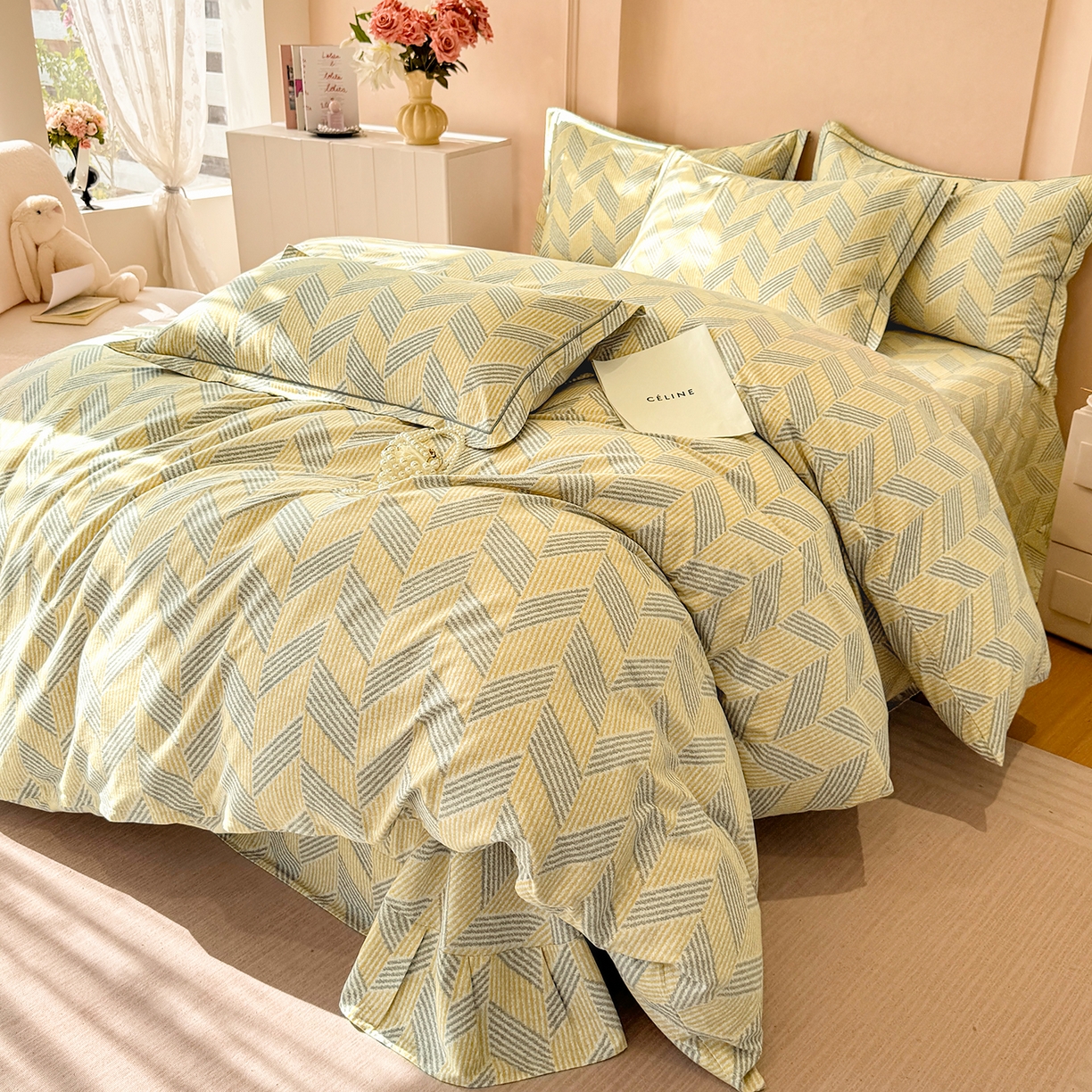 91家纺网 家纺一手货源 找家纺 壹贝家纺 2025新款A类100%全棉加厚磨毛四件套系列 施华-灰