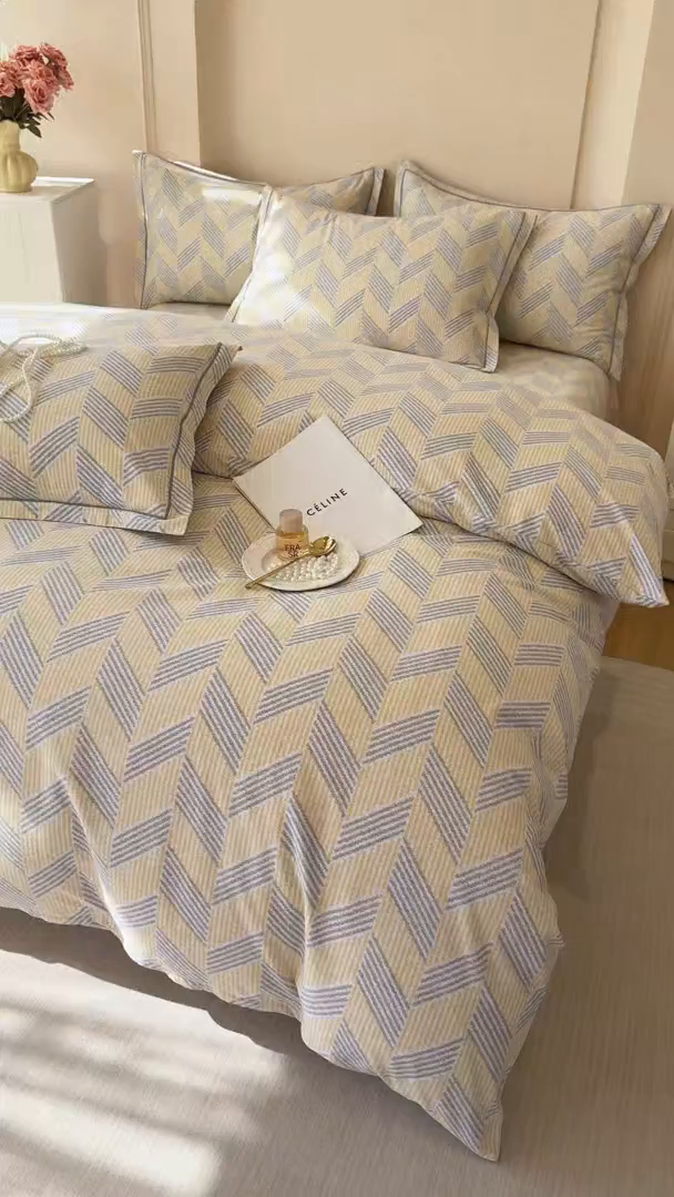 91家纺网 家纺一手货源 找家纺 壹贝家纺 2025新款A类100%全棉加厚磨毛四件套系列 施华-灰