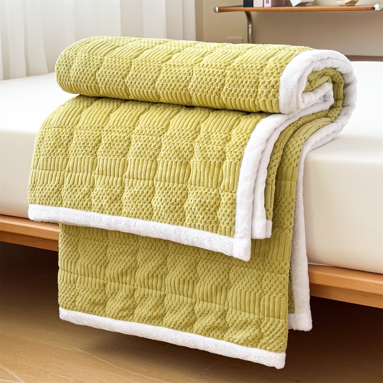 91家纺网 家纺一手货源 找家纺 恒爱家纺 2025新款牛奶绒提花床垫床褥 芥末黄