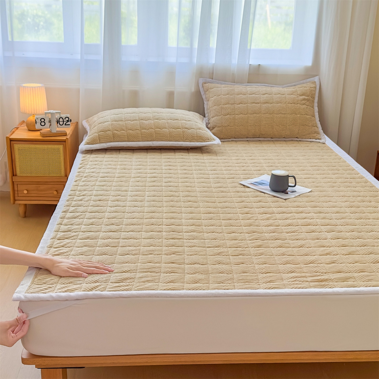 91家纺网 家纺一手货源 找家纺 恒爱家纺 2025新款牛奶绒提花床垫床褥 金典驼