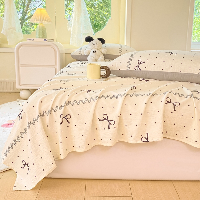 91家纺网 家纺一手货源 找家纺 朵朵家纺 2025新款双层纱单床单床单三件套（可定制尺寸） 法式蝴蝶结