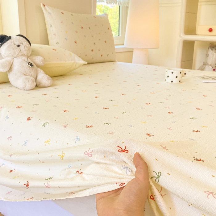 91家纺网 家纺一手货源 找家纺 朵朵家纺 2025新款双层纱单床单床单三件套（可定制尺寸） 奶油蝴蝶结