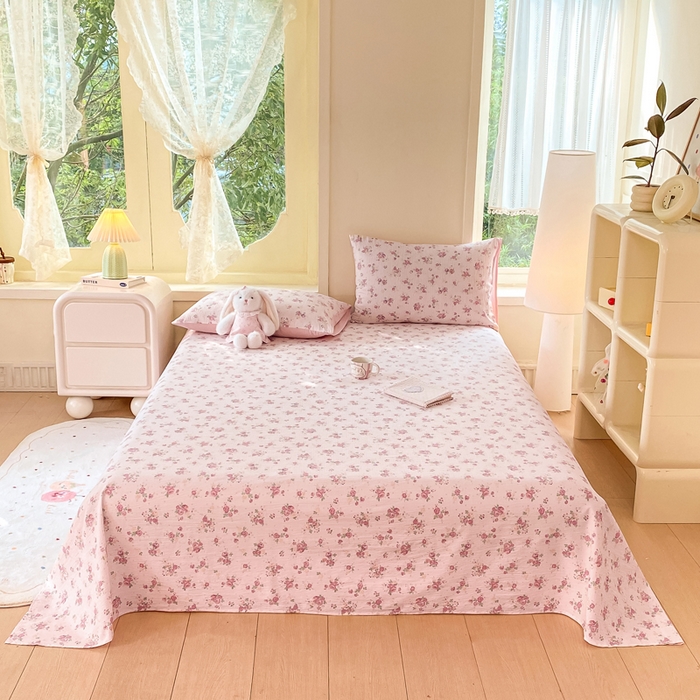 91家纺网 家纺一手货源 找家纺 朵朵家纺 2025新款双层纱单床单床单三件套（可定制尺寸） 玫瑰庄园