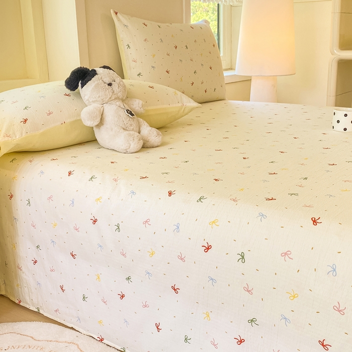 91家纺网 家纺一手货源 找家纺 朵朵家纺 2025新款双层纱单床单床单三件套（可定制尺寸） 奶油蝴蝶结