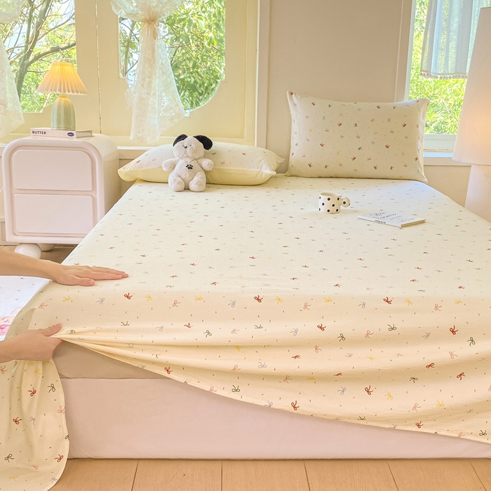 91家纺网 家纺一手货源 找家纺 朵朵家纺 2025新款双层纱单床单床单三件套（可定制尺寸） 奶油蝴蝶结