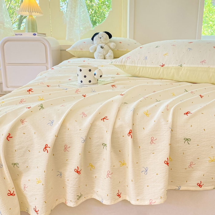 91家纺网 家纺一手货源 找家纺 朵朵家纺 2025新款双层纱单床单床单三件套（可定制尺寸） 奶油蝴蝶结