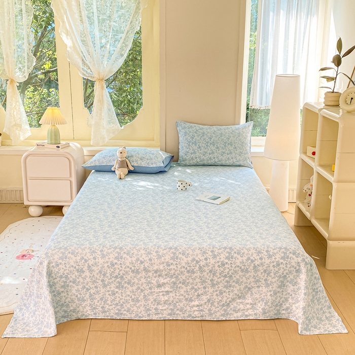 91家纺网 家纺一手货源 找家纺 朵朵家纺 2025新款双层纱单床单床单三件套（可定制尺寸） 蓝色花园