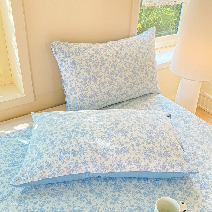 91家纺网 家纺一手货源 找家纺 朵朵家纺 2025新款双层纱单床单床单三件套（可定制尺寸） 蓝色花园