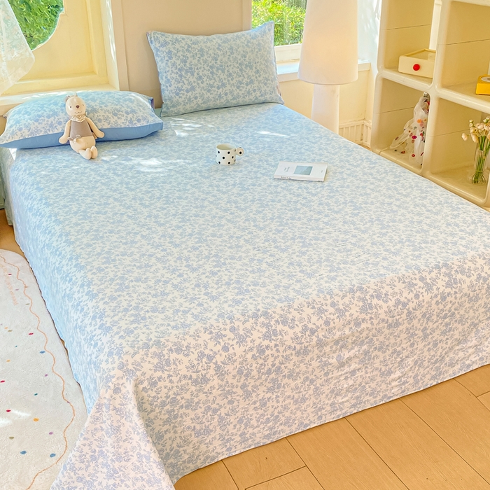 91家纺网 家纺一手货源 找家纺 朵朵家纺 2025新款双层纱单床单床单三件套（可定制尺寸） 蓝色花园