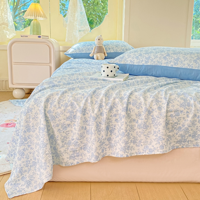 91家纺网 家纺一手货源 找家纺 朵朵家纺 2025新款双层纱单床单床单三件套（可定制尺寸） 蓝色花园