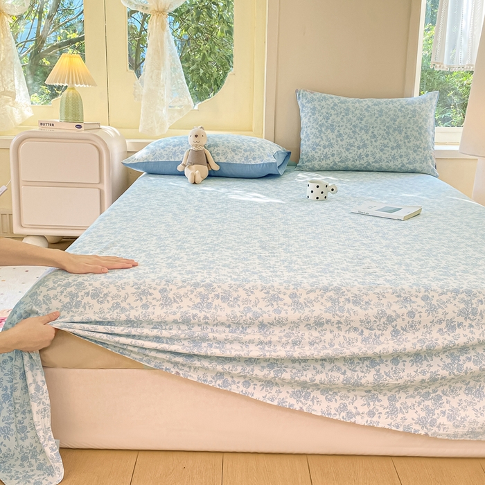 91家纺网 家纺一手货源 找家纺 朵朵家纺 2025新款双层纱单床单床单三件套（可定制尺寸） 蓝色花园