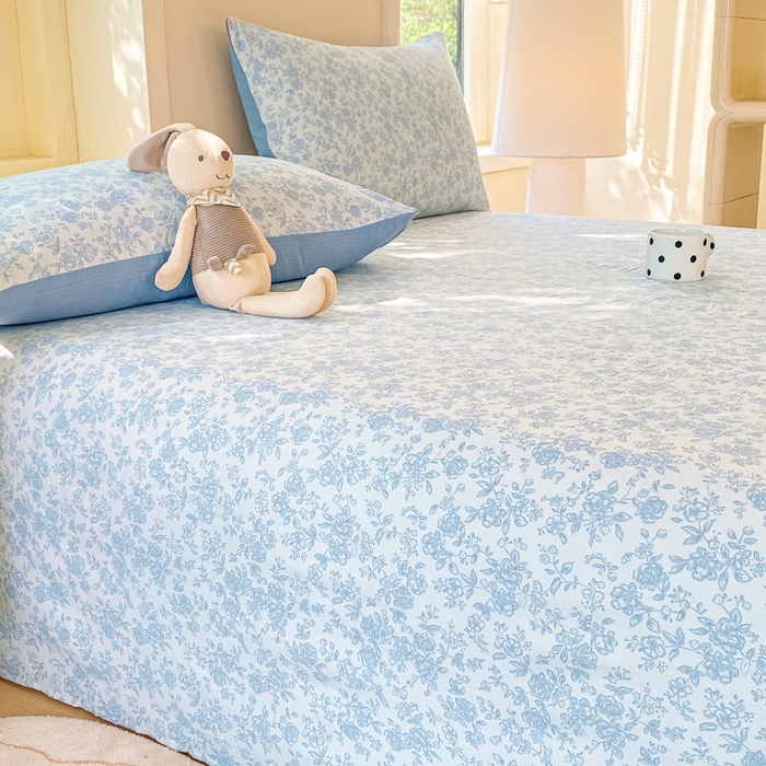 91家纺网 家纺一手货源 找家纺 朵朵家纺 2025新款双层纱单床单床单三件套（可定制尺寸） 蓝色花园