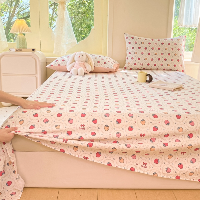 91家纺网 家纺一手货源 找家纺 朵朵家纺 2025新款双层纱单床单床单三件套（可定制尺寸） 甜心草莓