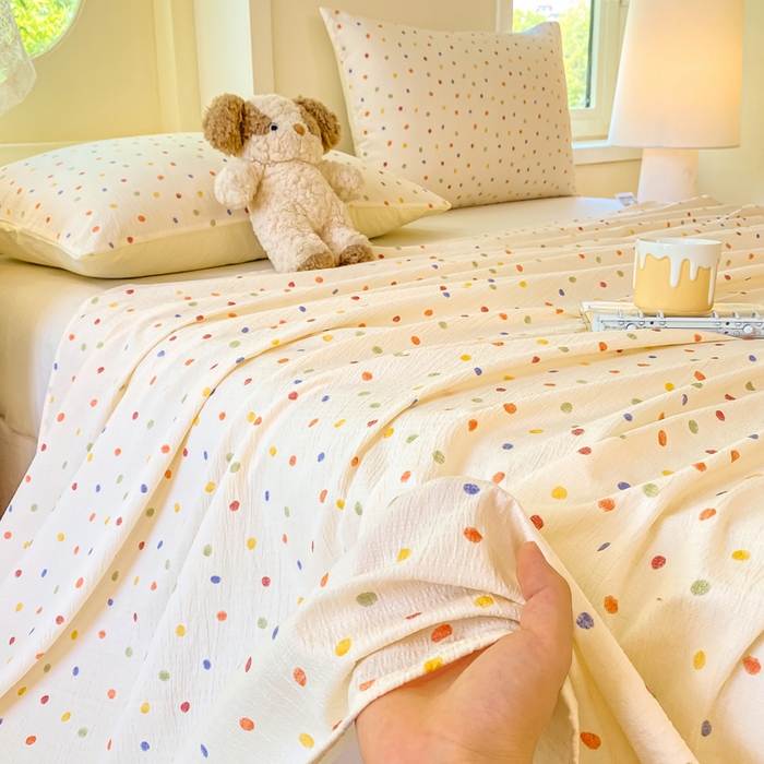 91家纺网 家纺一手货源 找家纺 朵朵家纺 2025新款双层纱单床单床单三件套（可定制尺寸） 幻彩波点