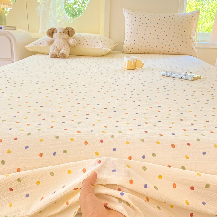 91家纺网 家纺一手货源 找家纺 朵朵家纺 2025新款双层纱单床单床单三件套（可定制尺寸） 幻彩波点