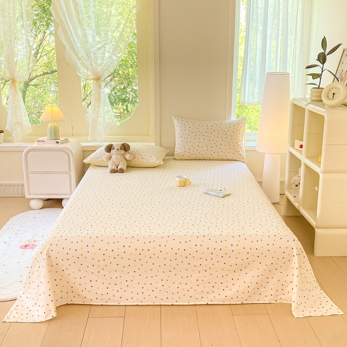 91家纺网 家纺一手货源 找家纺 朵朵家纺 2025新款双层纱单床单床单三件套（可定制尺寸） 幻彩波点