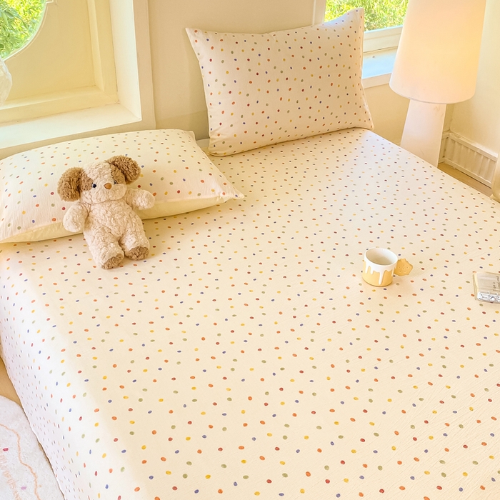 91家纺网 家纺一手货源 找家纺 朵朵家纺 2025新款双层纱单床单床单三件套（可定制尺寸） 幻彩波点