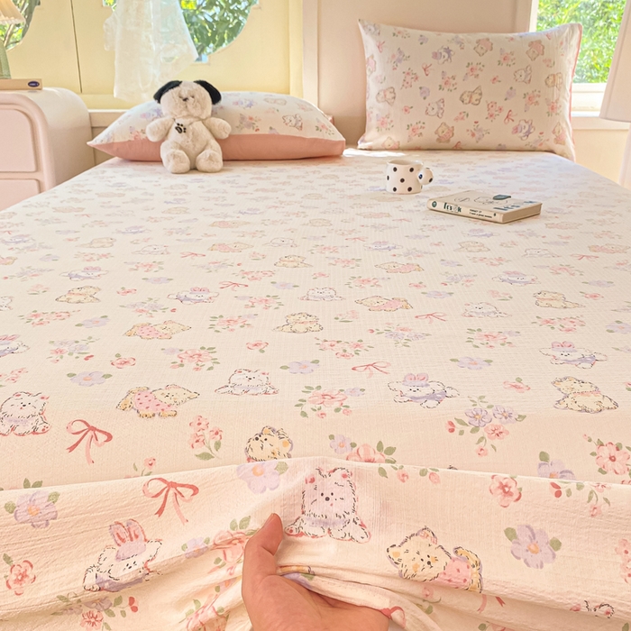 91家纺网 家纺一手货源 找家纺 朵朵家纺 2025新款双层纱单床单床单三件套（可定制尺寸） 花眠咪咪