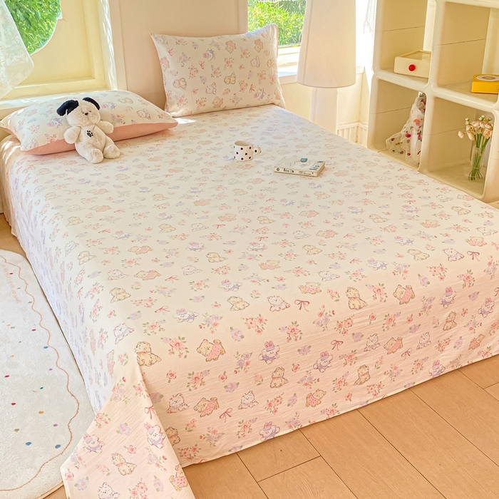 91家纺网 家纺一手货源 找家纺 朵朵家纺 2025新款双层纱单床单床单三件套（可定制尺寸） 花眠咪咪