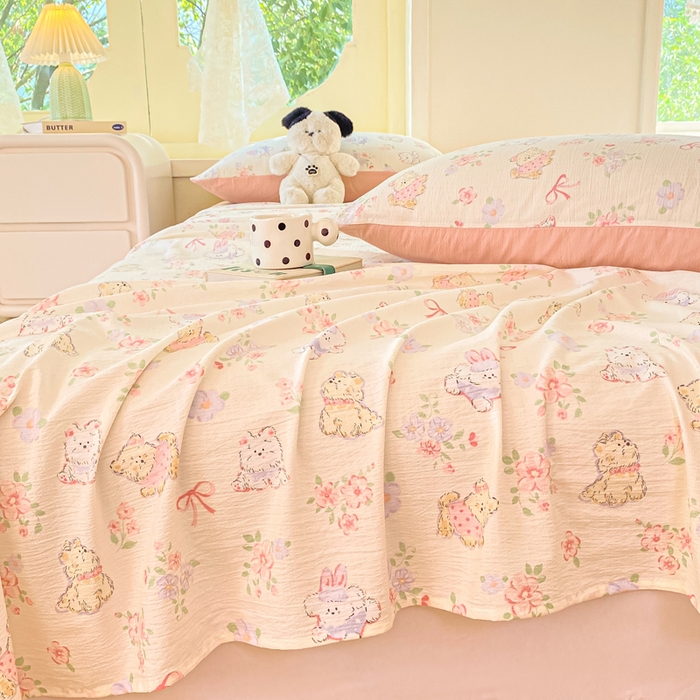 91家纺网 家纺一手货源 找家纺 朵朵家纺 2025新款双层纱单床单床单三件套（可定制尺寸） 花眠咪咪