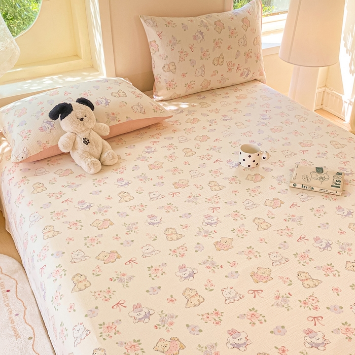 91家纺网 家纺一手货源 找家纺 朵朵家纺 2025新款双层纱单床单床单三件套（可定制尺寸） 花眠咪咪