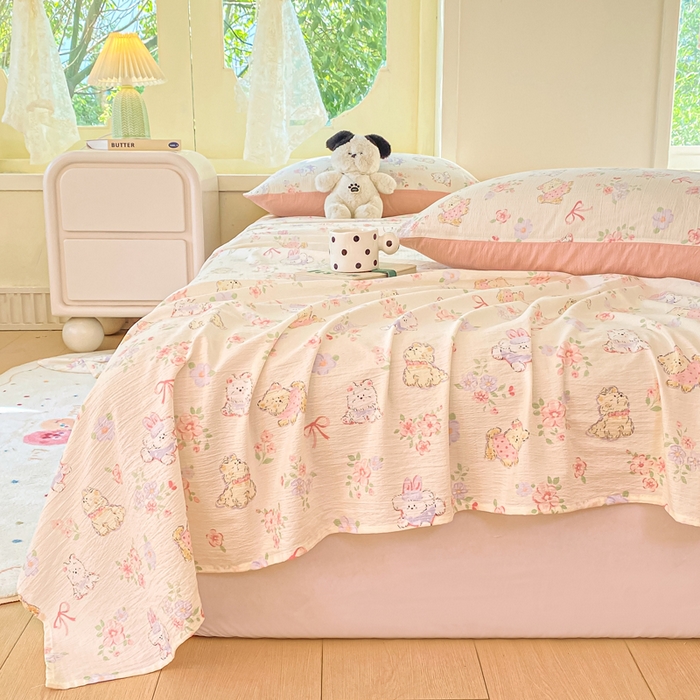 91家纺网 家纺一手货源 找家纺 朵朵家纺 2025新款双层纱单床单床单三件套（可定制尺寸） 花眠咪咪