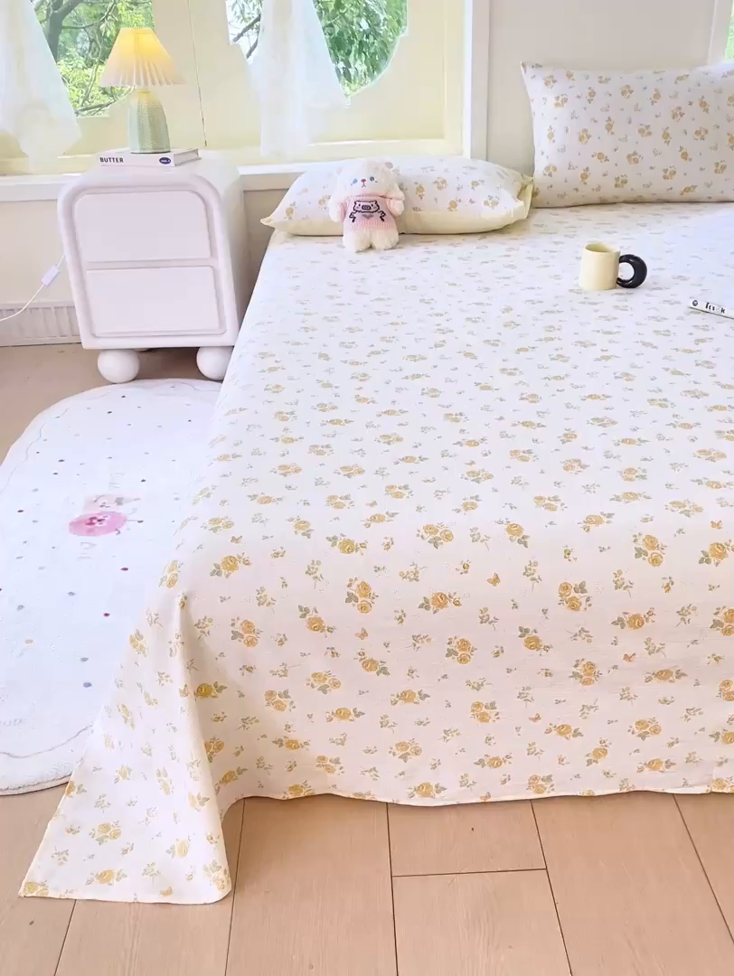 91家纺网 家纺一手货源 找家纺 朵朵家纺 2025新款双层纱单床单床单三件套（可定制尺寸） 山花烂漫