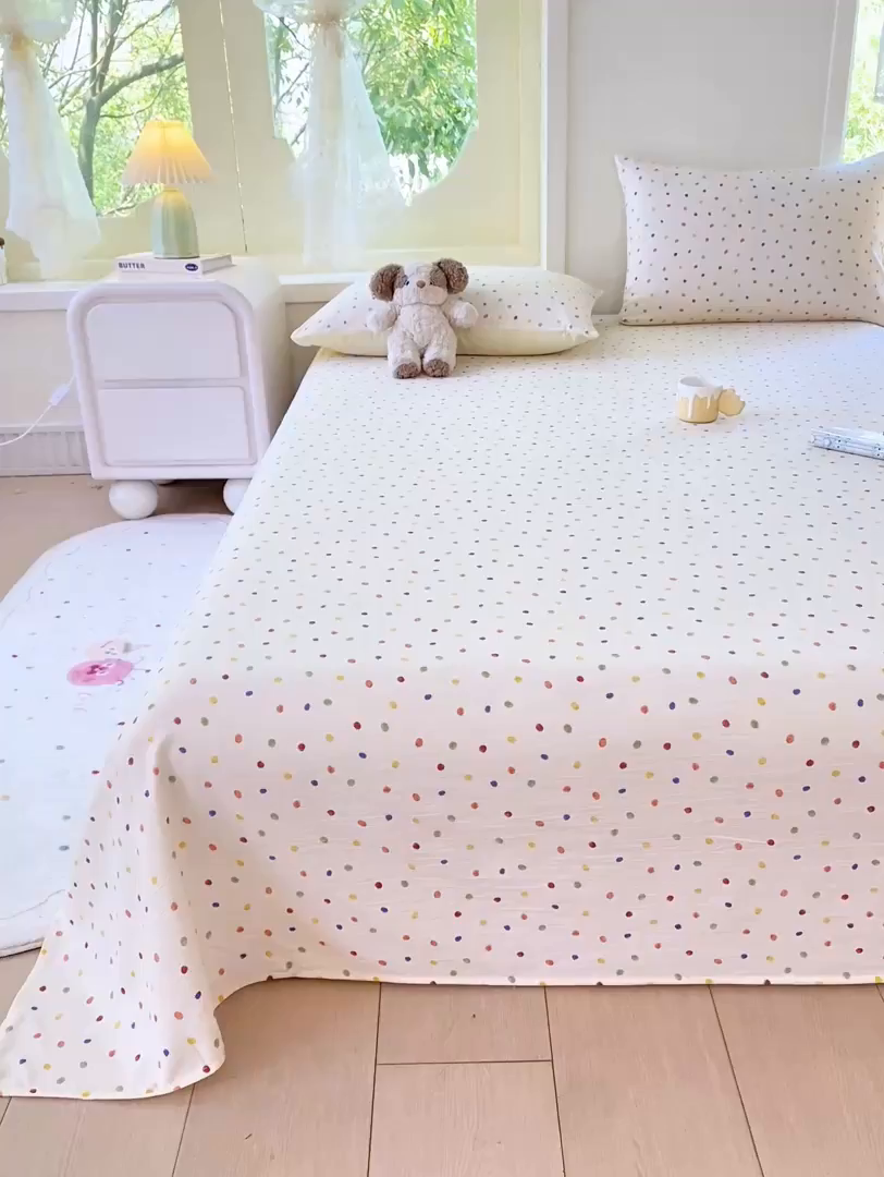 91家纺网 家纺一手货源 找家纺 朵朵家纺 2025新款双层纱单床单床单三件套（可定制尺寸） 幻彩波点