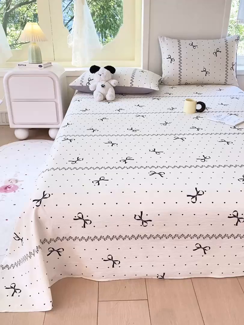 91家纺网 家纺一手货源 找家纺 朵朵家纺 2025新款双层纱单床单床单三件套（可定制尺寸） 法式蝴蝶结