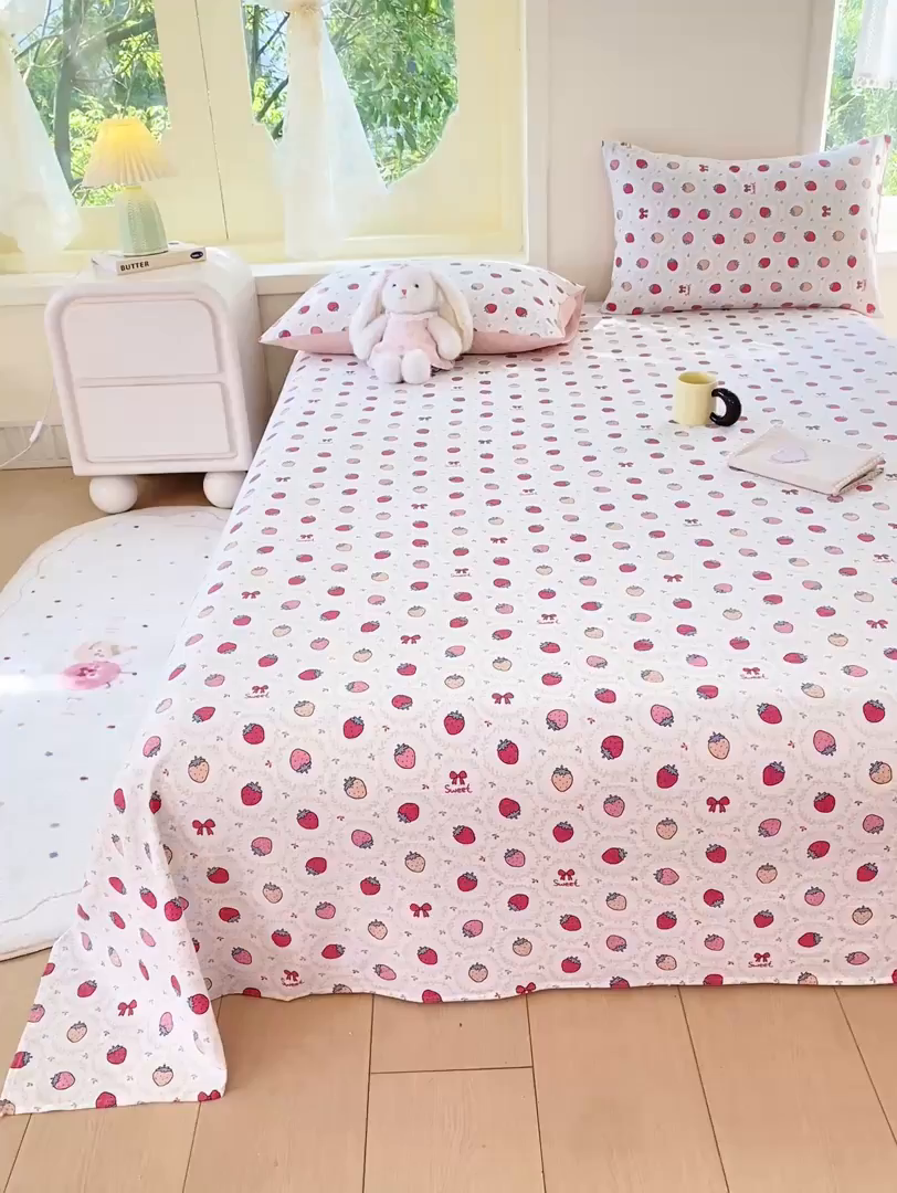 91家纺网 家纺一手货源 找家纺 朵朵家纺 2025新款双层纱单床单床单三件套（可定制尺寸） 甜心草莓