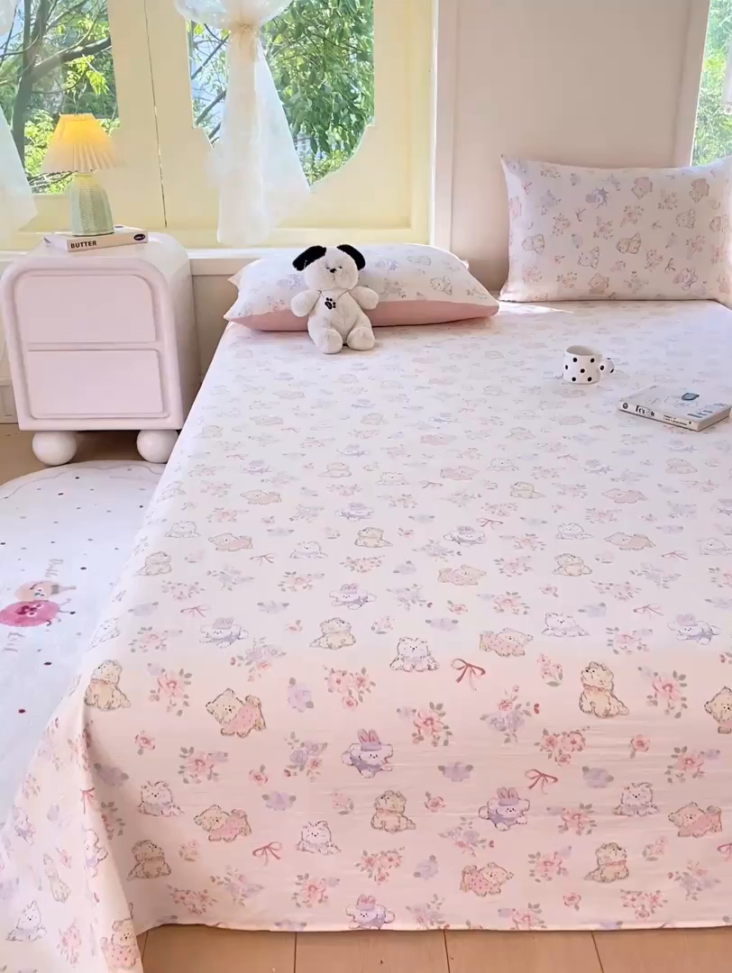 91家纺网 家纺一手货源 找家纺 朵朵家纺 2025新款双层纱单床单床单三件套（可定制尺寸） 花眠咪咪