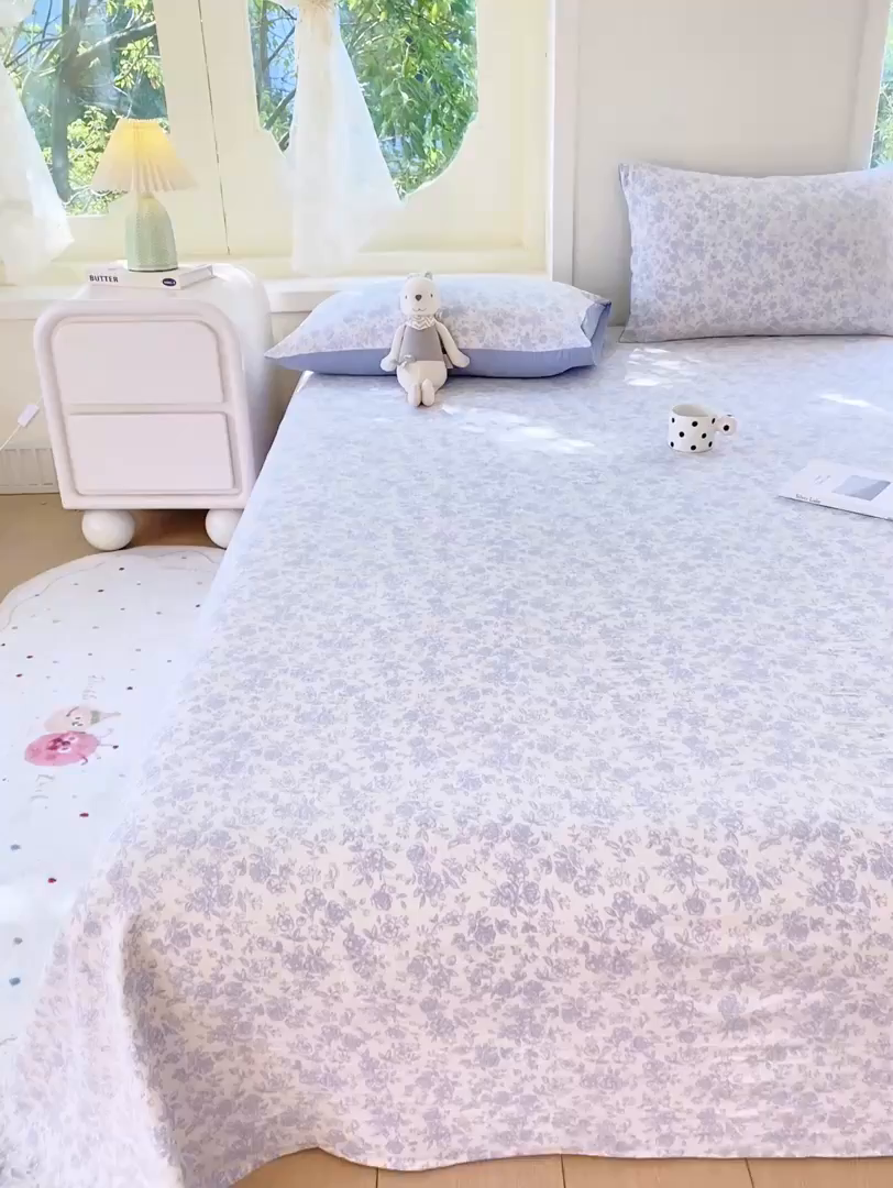 91家纺网 家纺一手货源 找家纺 朵朵家纺 2025新款双层纱单床单床单三件套（可定制尺寸） 蓝色花园